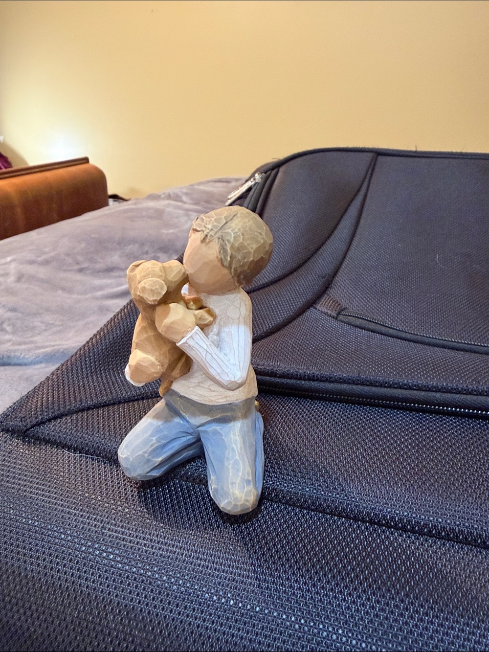 Willow Tree Boy Hugging Teddy - Beige, Cream, Light Blue